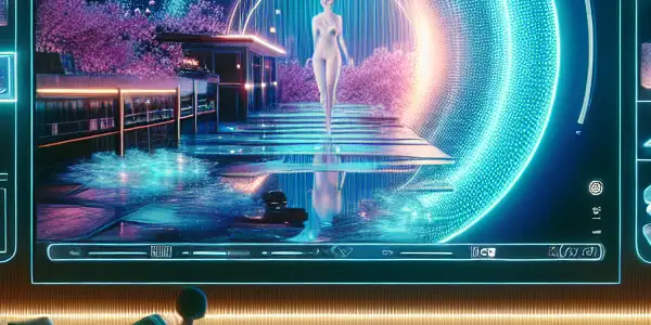 A futuristic living room showcasing a person enjoying an immersive adult film experience with high-tech features and ambient lighting.