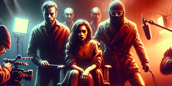 A film crew captures an intense scene on a dimly lit set, symbolizing the complexities of Serbian cinema.