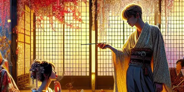 A vibrant Japanese-inspired film set featuring two characters in a dramatic, emotionally charged moment.