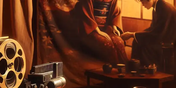 A dimly lit Japanese film studio scene with diverse characters exploring human connection and sensuality.