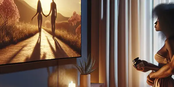 A cozy modern bedroom scene with a diverse couple enjoying an intimate moment while watching a film.