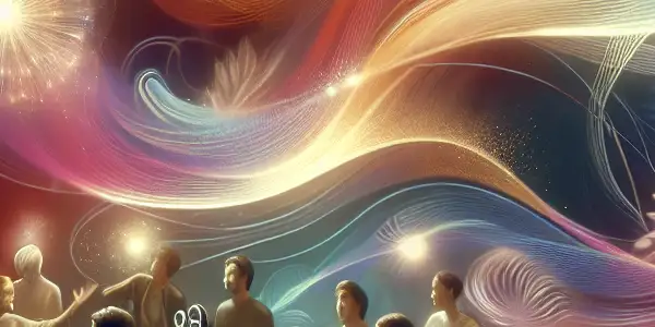 A surreal film set depicting diverse performers in a warm, inviting atmosphere, symbolizing flow and creative collaboration.