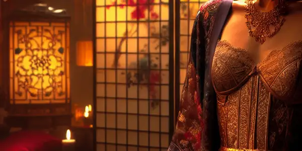 A sensual female figure in elegant lingerie, surrounded by a luxurious Japanese-style room and cherry blossom petals.<a href=