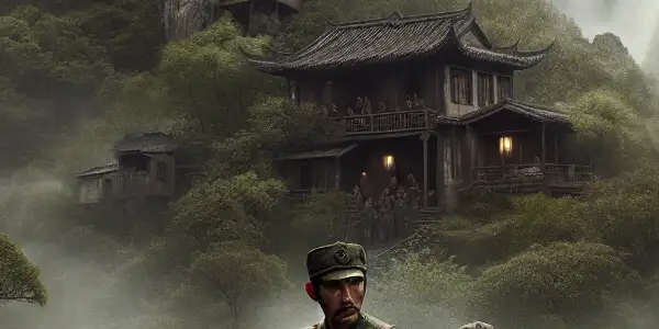 A group of determined Chinese soldiers stealthily infiltrates a misty mountain environment, targeting a hidden bandit stronghold.