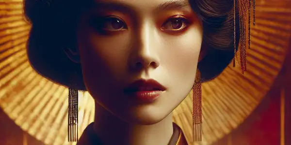 A mysterious woman in an elegant outfit sits in a dimly lit vintage cinema, exuding allure and intrigue.