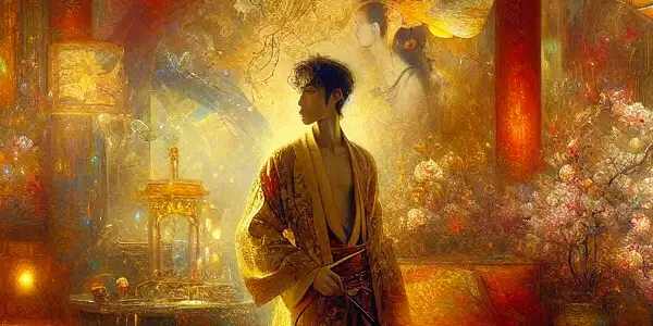 An ethereal room featuring an enigmatic figure in silk, surrounded by cherry blossoms and glowing lanterns, evokes cinematic temptation.