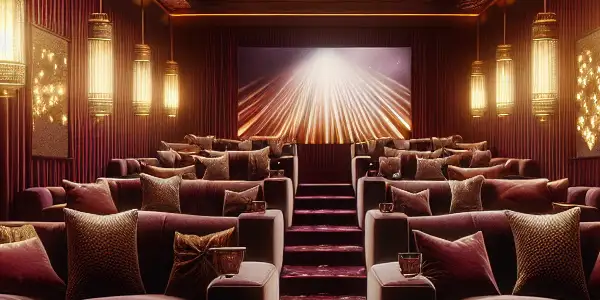 A luxurious private viewing room with an ornate projector, rich colors, and subtle diamond motifs, reflecting exclusivity and sensuality.