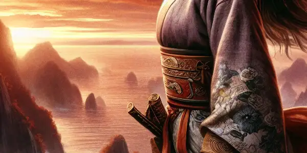 A powerful portrayal of Qiu Jin in traditional attire, standing defiantly on a cliff at sunset.