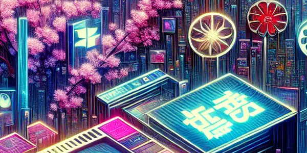 An abstract digital representation of a modern adult film platform featuring vibrant colors, film elements, and subtle Japanese cultural motifs.