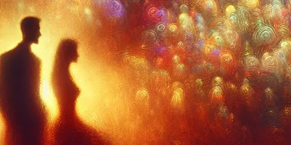 A dimly lit room with a couple watching a vintage film, surrounded by film reels and velvet curtains.