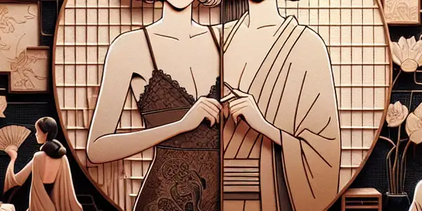 A dramatic scene depicting a character embodying dual identities in a sultry, dimly lit room filled with sensual motifs.