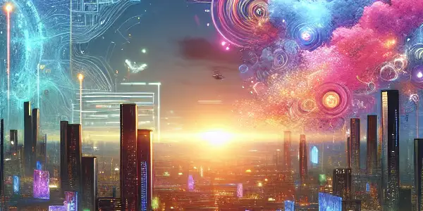 Futuristic city skyline with neon lights, oversized screens, and swirling light patterns representing a digital adult film directory.