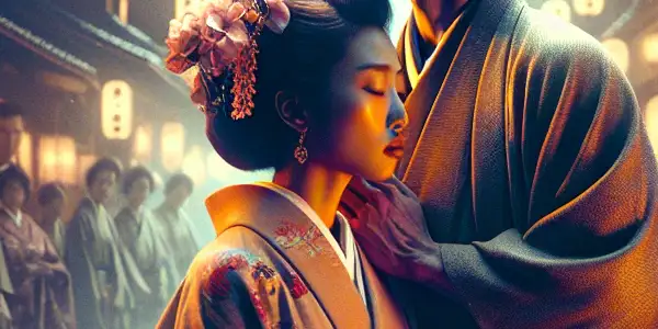 A romantic couple in a cinematic setting blending traditional and modern Japanese aesthetics, surrounded by cherry blossoms and lanterns.