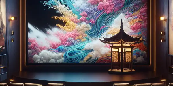 A modern theater scene featuring plush seating, abstract visuals, and diverse film genre displays in a cozy atmosphere.