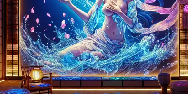 A vibrant Japanese-themed room featuring a female figure in ecstasy, surrounded by flowing water imagery and cherry blossoms.